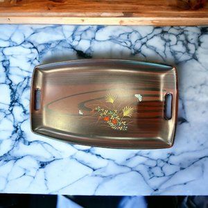 Vintage Floral w/Applied Butterflies Lacquerware Serving Tray Japan Tajimi 11x19